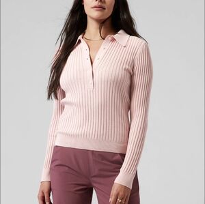 Athleta Sweet Bay Henley Ribbed Sweater V-Neck Orchid Pink Preppy Womens Size XL